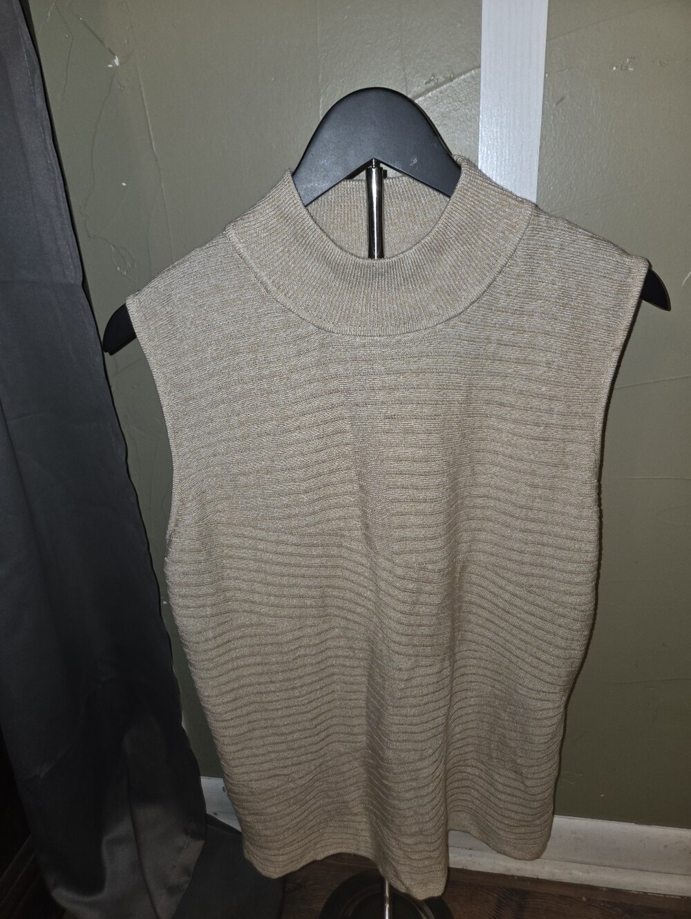 Sleeveless Mock Neck Ribbed Sweater Tank - Beige
